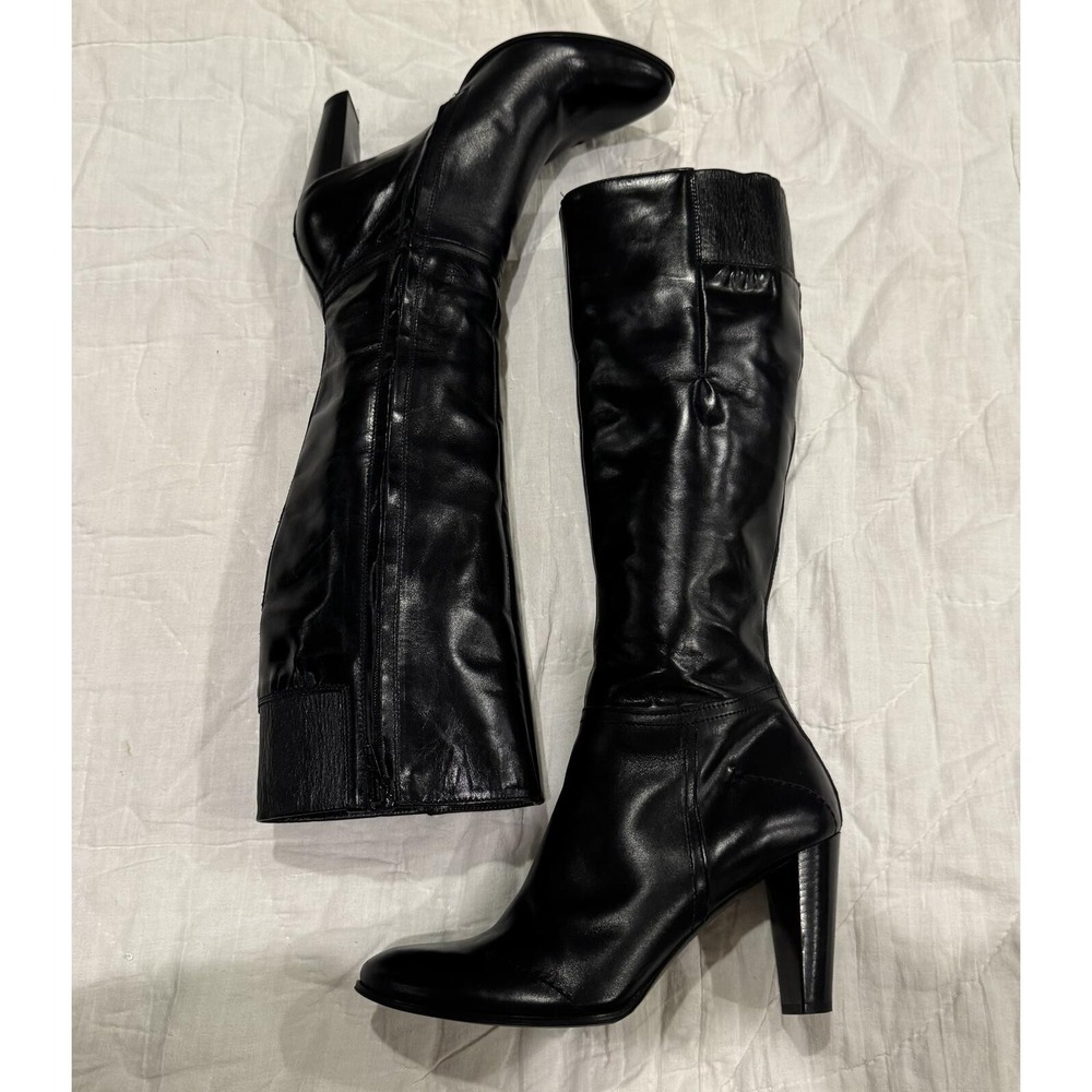 Sundance Made in Italy Black Leather Knee-High Heeled Boots Size 7-7.5
